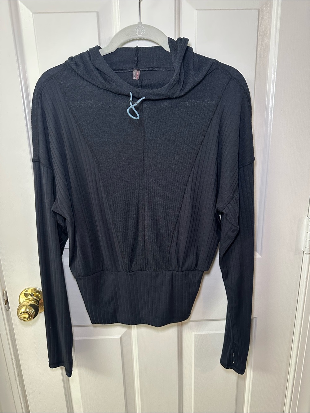 Free People Black Ribbed Hooded Pullover